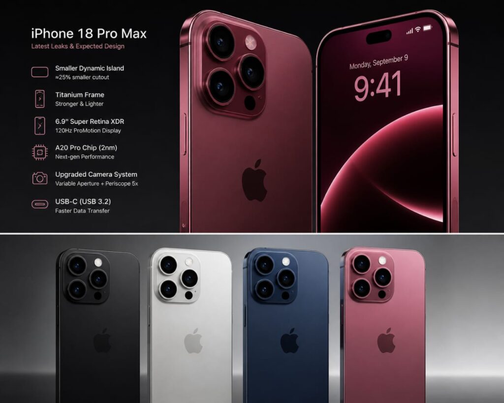 apple iphone 18 pro max 2026 design showing futuristic display, ultra thin bezels, and premium flagship smartphone build