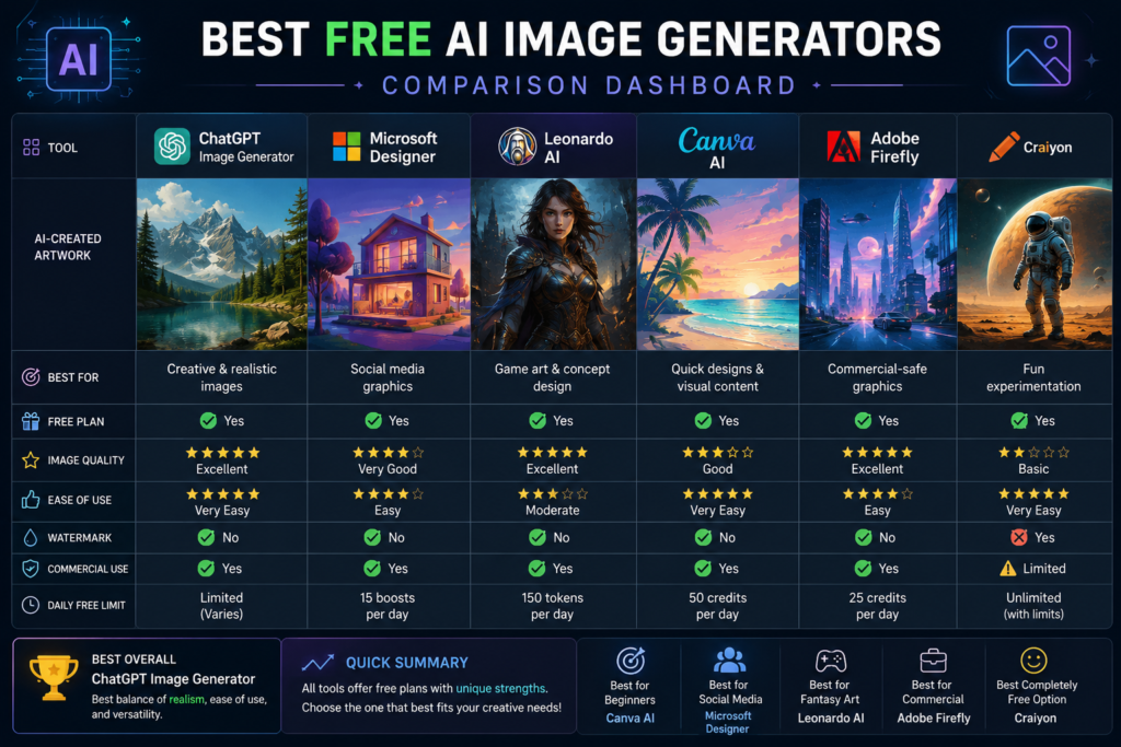 Best free AI image generators comparison dashboard with AI-created artworks