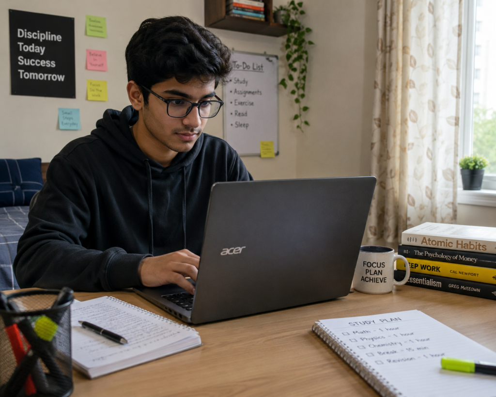 A modern student using a budget laptop while studying remotely at home