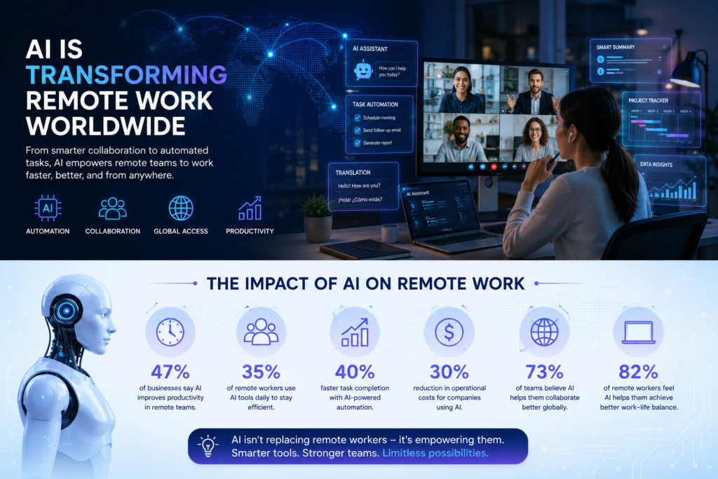 How AI Is Changing Remote Work Worldwide Diverse remote workers attending virtual meetings with AI assistants, smart analytics dashboards, and connected digital work environments