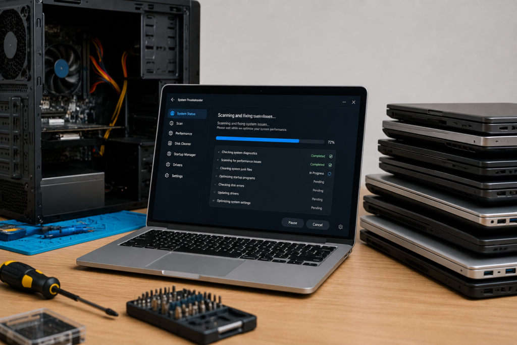 person troubleshooting a slow laptop and improving computer performance