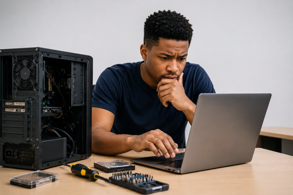 person troubleshooting a slow laptop and improving computer performance2