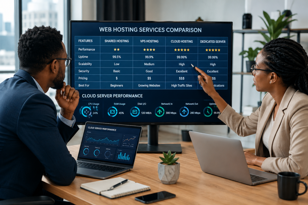 professionals comparing web hosting services and cloud server performance
