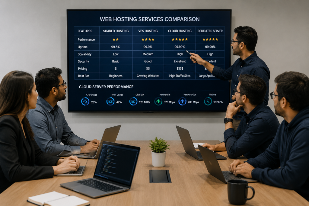 professionals comparing web hosting services and cloud server performance2