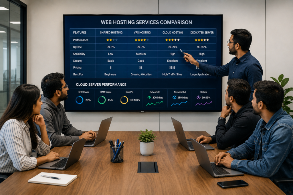 professionals comparing web hosting services and cloud server performance3