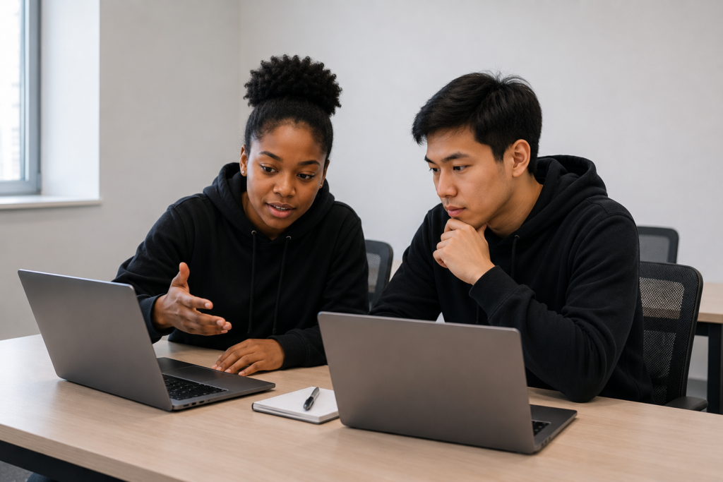 students learning cybersecurity skills and certifications in a modern tech lab3