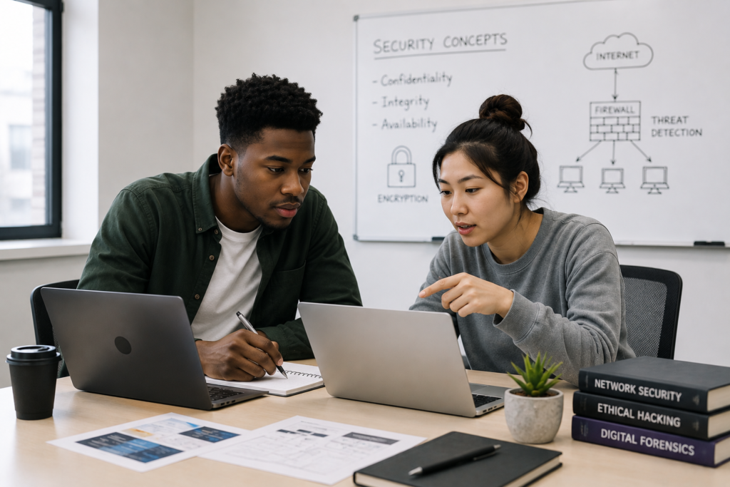 students learning cybersecurity skills and certifications in a modern tech lab4